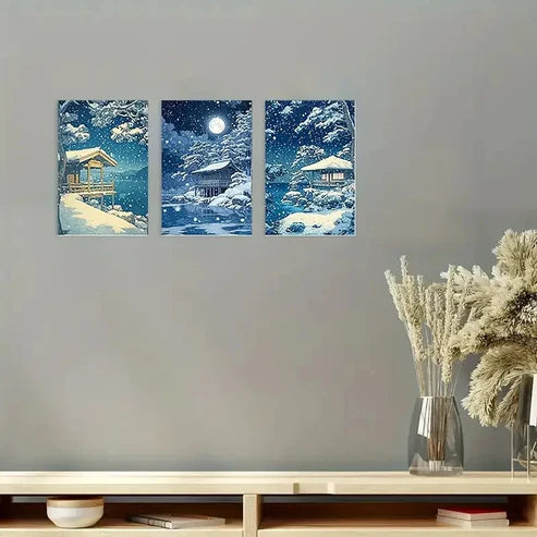 3pcs Japanese Winter Land Serene Snowy Wall Art Set Canvas Unframed - High Quality Print 100% Australian Made Wall Canvas