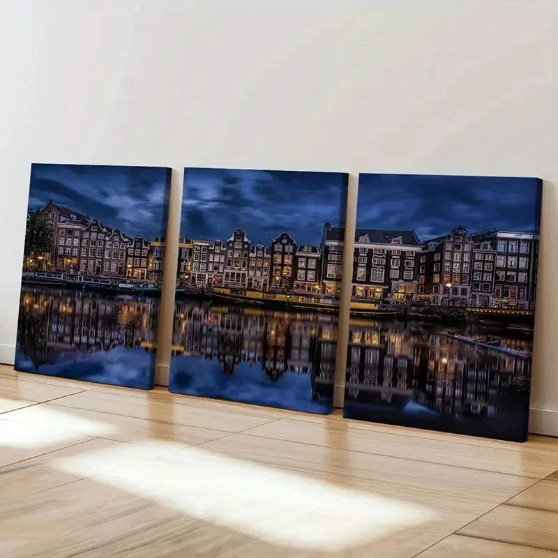 3pcs Netherlands Landscape Amsterdam Canal Wall Art Set Canvas Framed 50x70cm - High Quality Print 100% Australian Made Wall Canvas Ready to Hang - Bella Home Decor