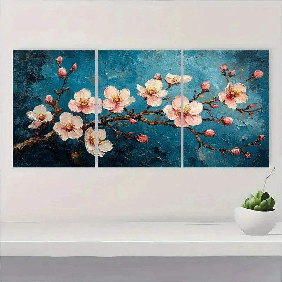 3pcs Gogh Almond Blossom Dark Blue White Flowers Wall Art Set Canvas Framed 60x90cm - High Quality Print 100% Australian Made Wall Canvas Ready to Hang - Bella Home Decor