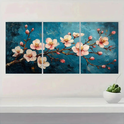 3pcs Gogh Almond Blossom Dark Blue White Flowers Wall Art Set Canvas Framed 60x90cm - High Quality Print 100% Australian Made Wall Canvas Ready to Hang - Bella Home Decor