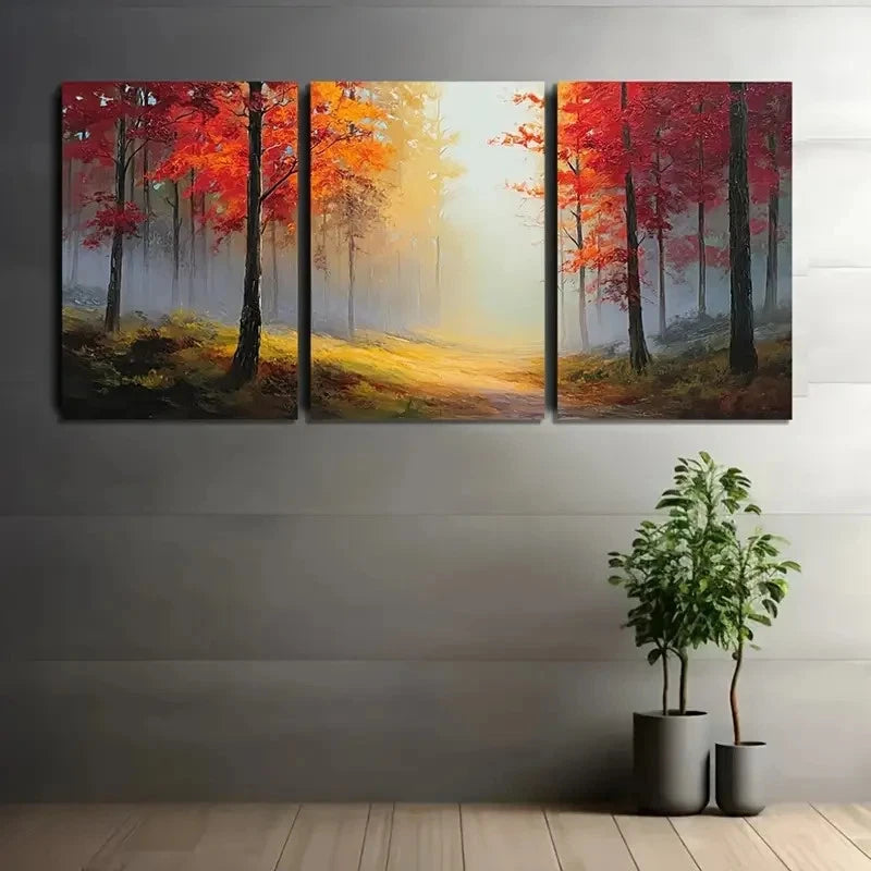 3pcs Painting Autumn Forest With Misty  Wall Art Set Canvas Framed 60x90cm - High Quality Print 100% Australian Made Wall Canvas Ready to Hang