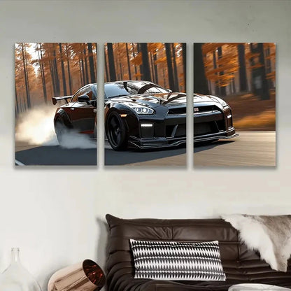 3pcs Black GT-R Nismo Sports Car Forest Wall Art Set Canvas Framed 40x60cm - High Quality Print 100% Australian Made Wall Canvas Ready to Hang - Bella Home Decor