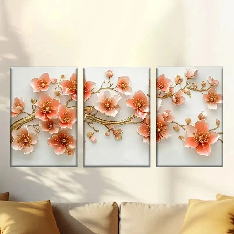 3pcs Vibrant Peach Blossom Branches Wall Art Set Canvas Framed 50x70cm - High Quality Print 100% Australian Made Wall Canvas Ready to Hang