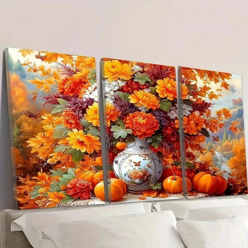 3pcs Autumn Bouquet with Pumpkins Wall Art Set Canvas Framed 60x90cm - High Quality Print 100% Australian Made Wall Canvas Ready to Hang - Bella Home Decor