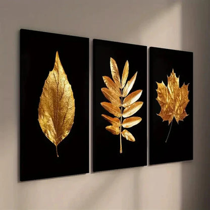 3pcs Luxurious Golden Leaves Wall Art Set Canvas Unframed - High Quality Print 100% Australian Made Wall Canvas