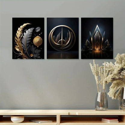 3pcs Modern Abstract Black and Golden Plant Leaves Metal Print Ready to Hang Art