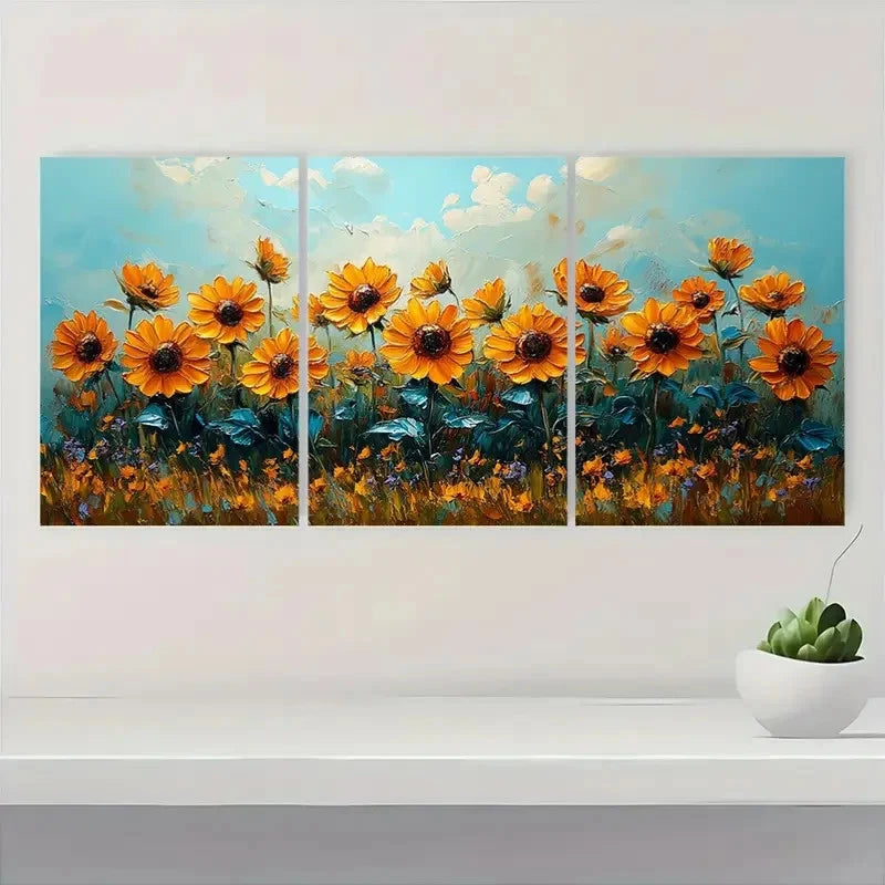 3pcs Yellow & Orange Flowers on Blue  TY   Wall Art Set Canvas Framed 60x90cm - High Quality Print 100% Australian Made Wall Canvas Ready to Hang - Bella Home Decor