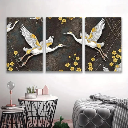 3pcs Elegant Cranes Flight with Golden Accents Wall Art Set Canvas Framed 50x70cm - High Quality Print 100% Australian Made Wall Canvas Ready to Hang