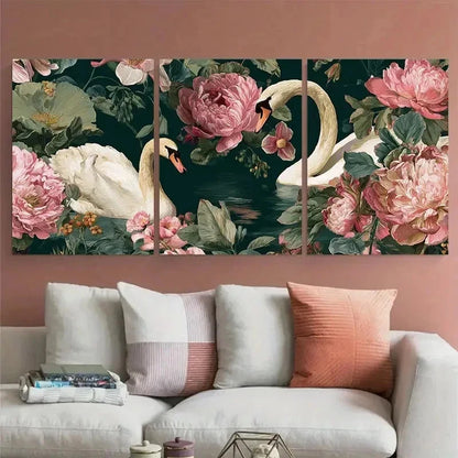 3pcs Swans Coquette Vintage Floral PerfectWall Art Set Canvas Framed 60x90cm - High Quality Print 100% Australian Made Wall Canvas Ready to Hang