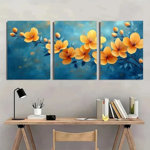 3pcs Colorful Flower Blue Yellow Perfect Wall Art Set – Wall Art Canvas Unframed - High Quality Print 100% Australian Made Wall Canvas - Bella Home Decor