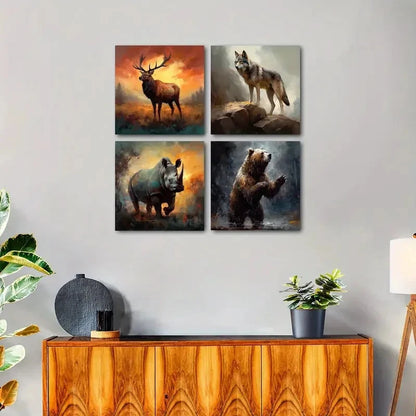 4pcs Rustic Wild Animal Wall Art Canvas Framed