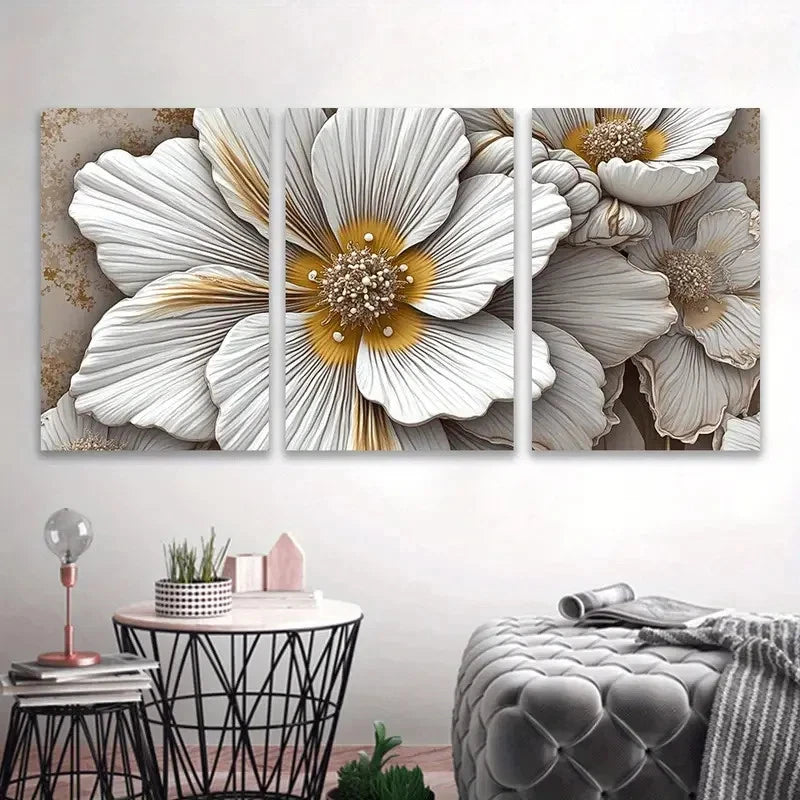 3pcs Elegant White and Golden Floral Design  Wall Art Set Canvas Framed 40x60cm - High Quality Print 100% Australian Made Wall Canvas Ready to Hang