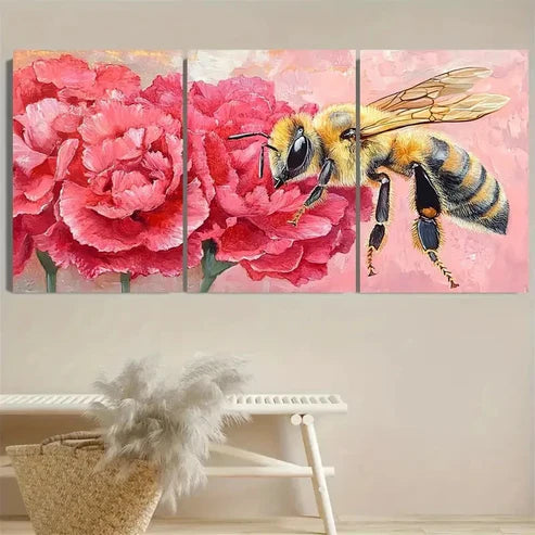 3pcs Realistic Honeybee on Flowers Wall Art Set Canvas Unframed - High Quality Print 100% Australian Made Wall Canvas