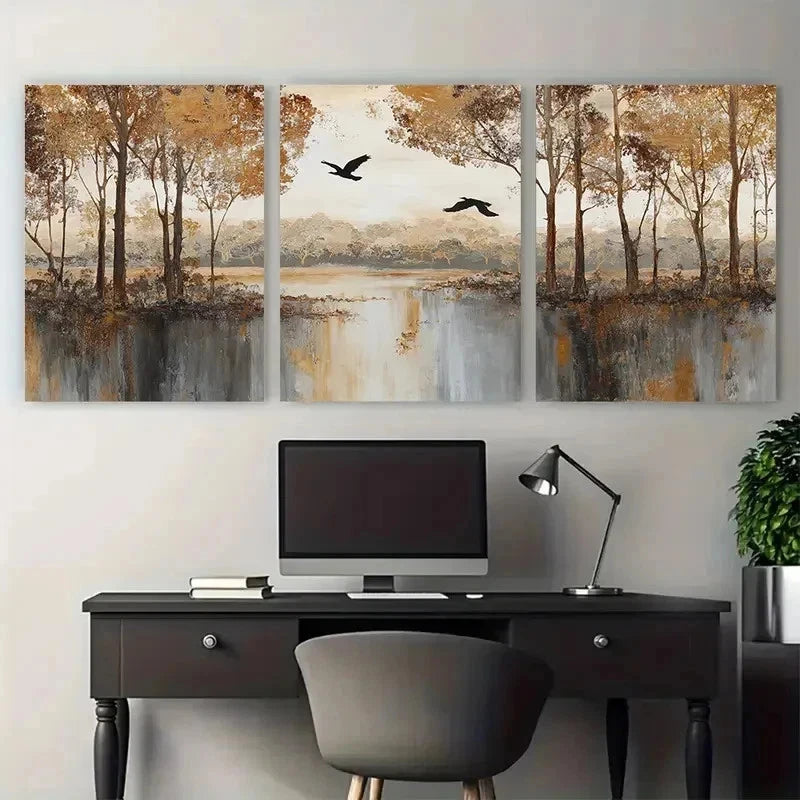 3pcs Sunset Forest Lake Beige Bird Land Perfect Wall Art Set Canvas Framed 50x70cm - High Quality Print 100% Australian Made Wall Canvas Ready to Hang