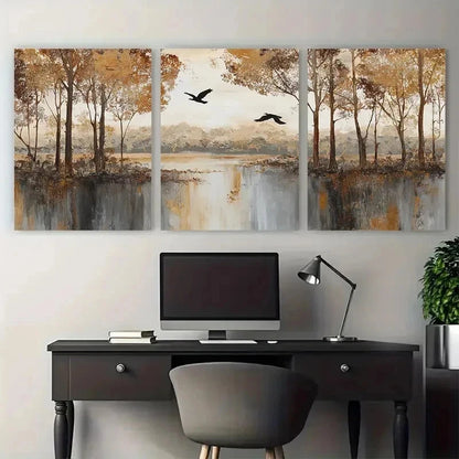 3pcs Sunset Forest Lake Beige Bird Land Perfect Wall Art Set Canvas Framed 50x70cm - High Quality Print 100% Australian Made Wall Canvas Ready to Hang