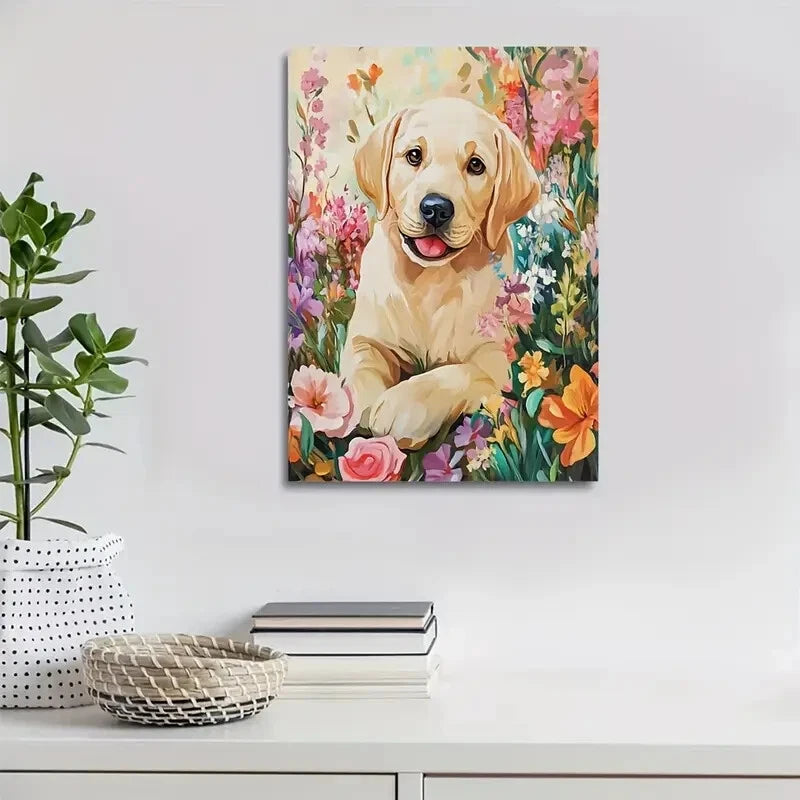 Flowers and Plants Cute Labrador Retriever Painting 40x60cm Metal Print Ready to Hang