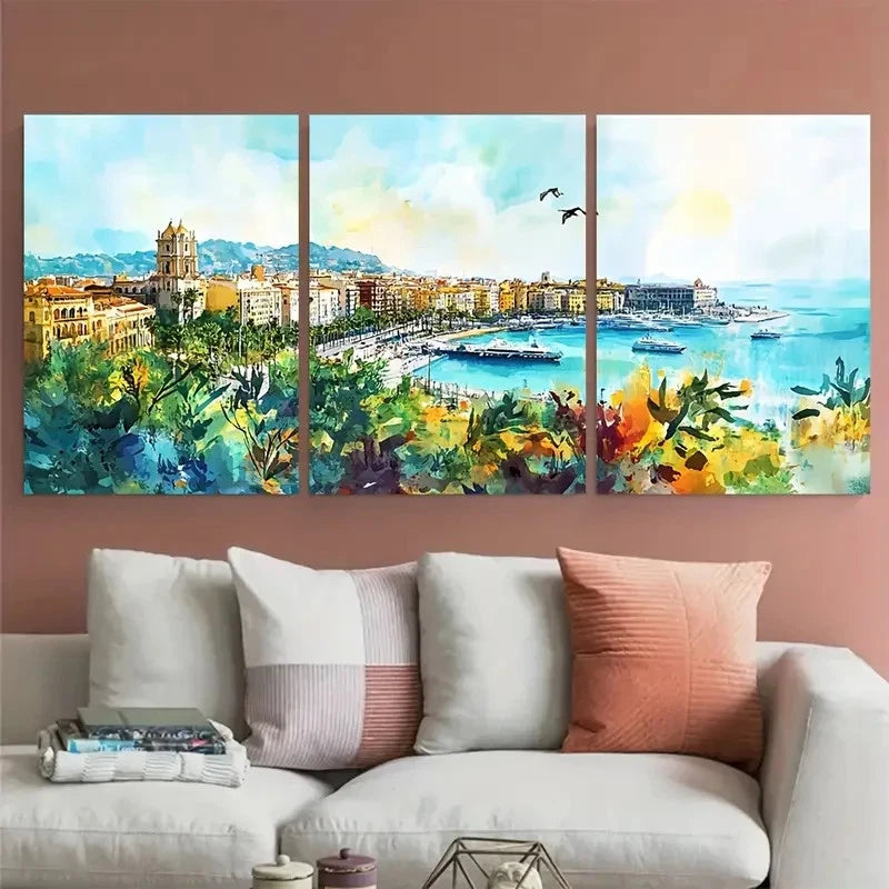 3pcs Malaga Cityscape Spain Landscape Perfect Wall Art Set Canvas Framed 40x60cm - High Quality Print 100% Australian Made Wall Canvas Ready to Hang - Bella Home Decor