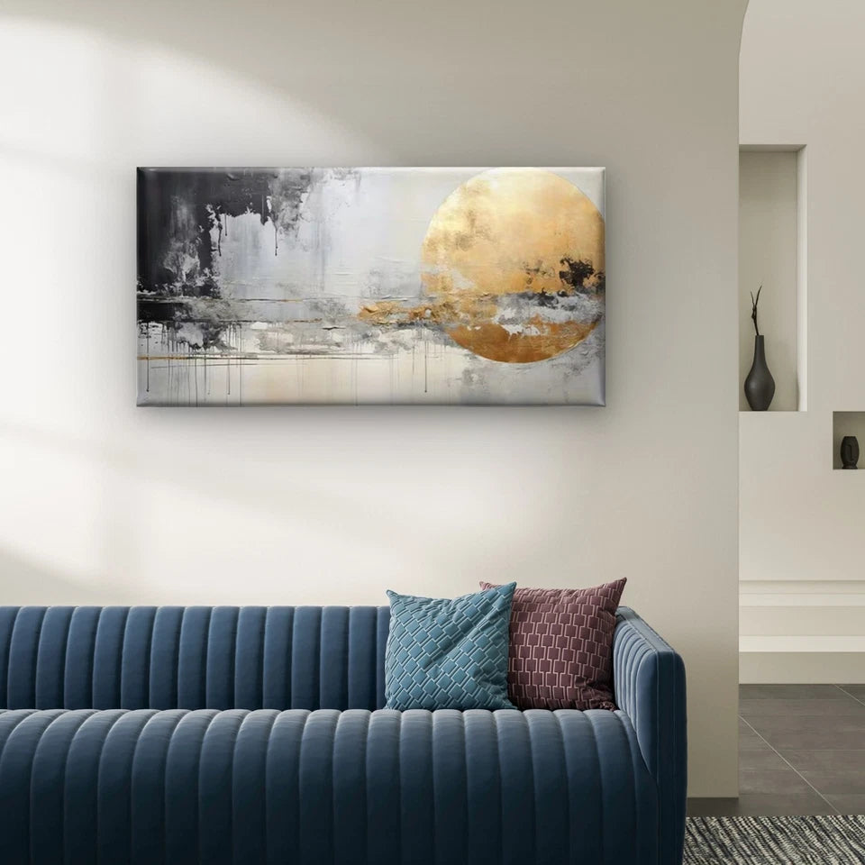 Abstract Gold Circle Wall Art Canvas Office Home Room Framed 120x60cm