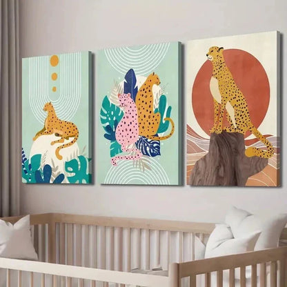 3pcs Abstract Cartoon Leopard And Plant Leaves Wall Art Canvas Unframed - High Quality Print 100% Australian Made Wall Canvas - Bella Home Decor