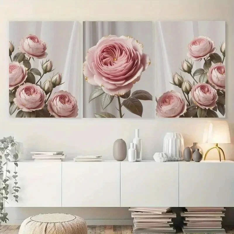3pcs Pink Rose Golden Edged0 Floral Metal Print Ready to Hang Art