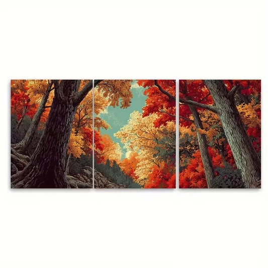 3pcs Abstract Forest Red Trees Wall Art Set Canvas Framed 50x70cm - High Quality Print 100% Australian Made Wall Canvas Ready to Hang