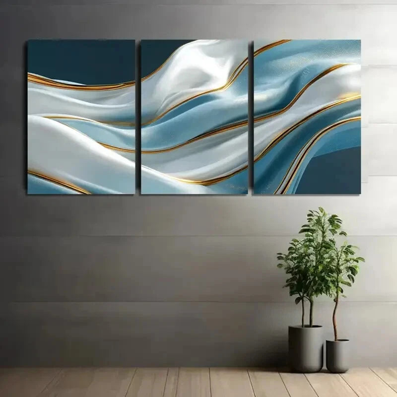 3pcs Abstract Blue and White Waves Metal Print Ready to Hang Art - Bella Home Decor