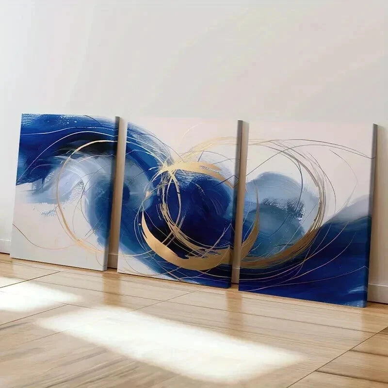 3pcs Abstract Art Golden Lines Blue Waves Wall Art Set Canvas Framed 60x90cm - High Quality Print 100% Australian Made Wall Canvas Ready to Hang - Bella Home Decor