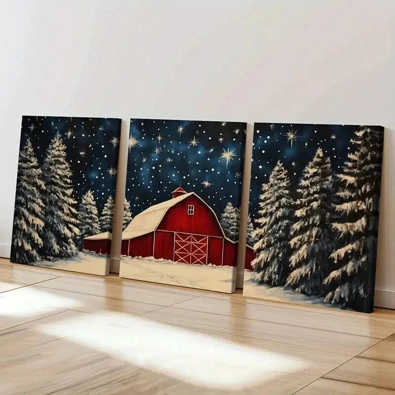 3pcs Winter Barn & Snowy Trees Starry Night Sky Wall Art Set Canvas Framed 40x60cm - High Quality Print 100% Australian Made Wall Canvas Ready to Hang - Bella Home Decor