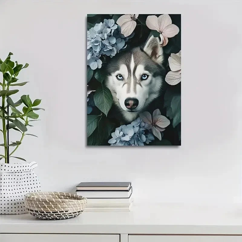 Beautiful Flowers And Plants Cute Husky Dog Painting 40x60cm Metal Print Ready to Hang - Bella Home Decor