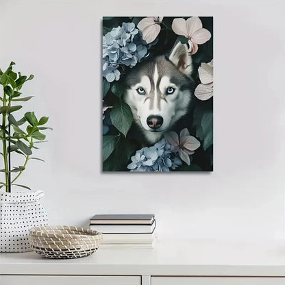 Beautiful Flowers And Plants Cute Husky Dog Painting 40x60cm Metal Print Ready to Hang - Bella Home Decor