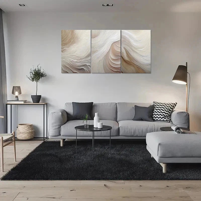 3pcs Abstract Wave Neutral Beige & Textured Metal Print Ready to Hang Art - Bella Home Decor