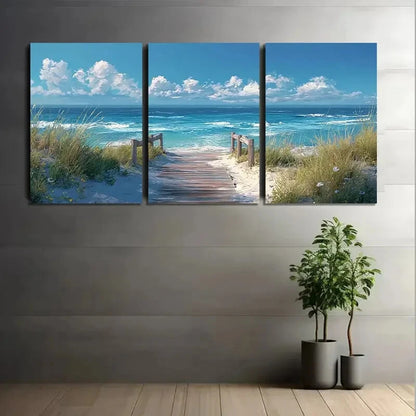 3pcs Coastal Ocean Walkway Sea Grass Metal Print Ready to Hang Art - Bella Home Decor