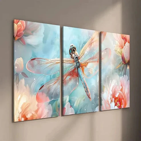 3pcs Vibrant Spring Flowers & Dragonfly Wall Art Set Canvas Unframed - High Quality Print 100% Australian Made Wall Canvas