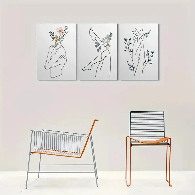 3pcs Line Drawings of Flowers Elegant Metal Print Ready to Hang Art