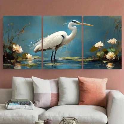 3pcs White Heron Egret Impasto Perfect Wall Art Set Canvas Framed 50x70cm - High Quality Print 100% Australian Made Wall Canvas Ready to Hang