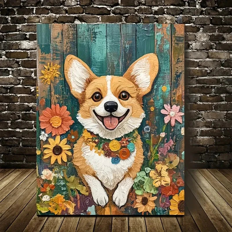 Adorable Corgi Dog with Flowers & Plants Painting 40x60cm Metal Print Ready to Hang - Bella Home Decor
