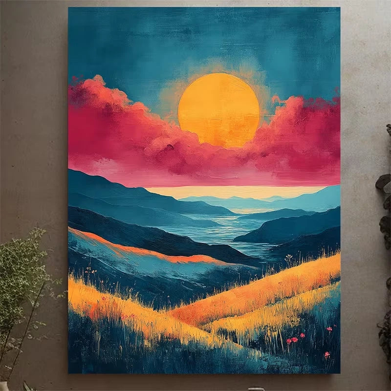 Serene Pink & Teal Landscape with Sunset Metal Print Ready to Hang
