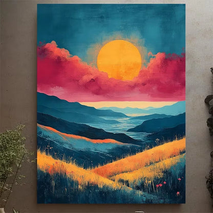 Serene Pink & Teal Landscape with Sunset Metal Print Ready to Hang