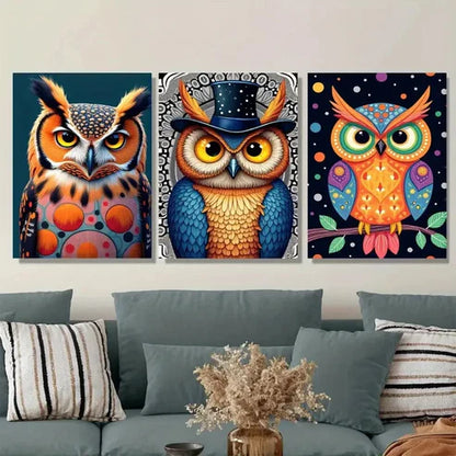 3pcs Colorful Owl Vibrant Modern Dark Blue Wall Art Canvas Unframed - High Quality Print 100% Australian Made Wall Canvas - Bella Home Decor