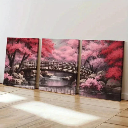 3pcs Japanese Style Cherry Blossom Tree & River Wall Art Set Canvas Framed 60x90cm - High Quality Print 100% Australian Made Wall Canvas Ready to Hang - Bella Home Decor