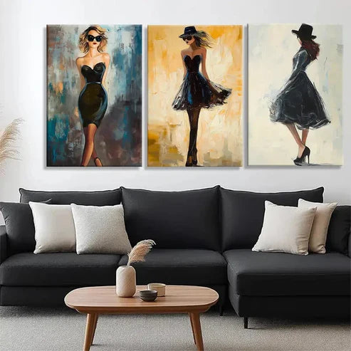 3pcs Women Black Dresses Glasses & Hats Perfect Wall Art Canvas Unframed - High Quality Print 100% Australian Made Wall Canvas