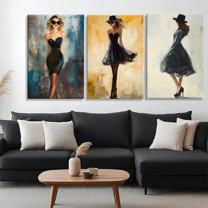 3pcs Women Black Dresses Glasses & Hats Perfect Wall Art Canvas Unframed - High Quality Print 100% Australian Made Wall Canvas