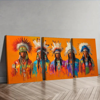 3pcs Traditional Attire with Feather Headdresses Wall Art Set Canvas Unframed – High Quality Print 100% Australian Made Wall Canvas - Bella Home Decor