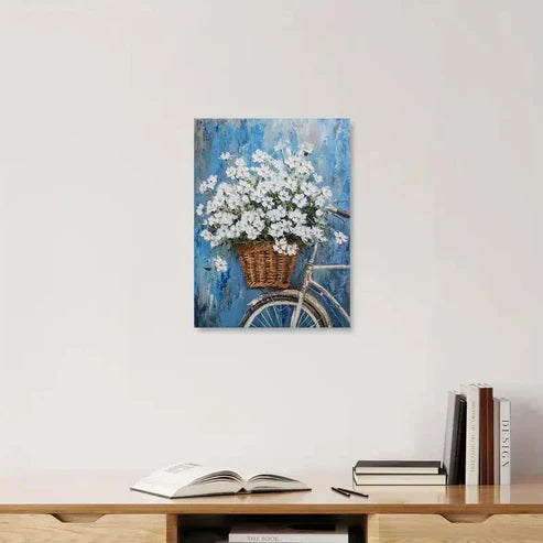 Beautiful Inspired White Floral Bicycle Painting 60x90cm Metal Print Ready to Hang