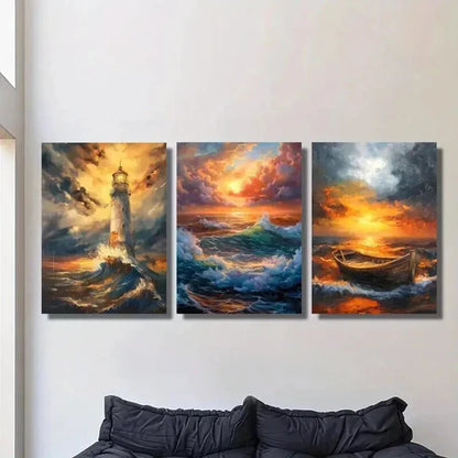 3pcs Lighthouse Landscape & Boat Portrait  Wall Art Set Canvas Unframed - High Quality Print 100% Australian Made Wall Canvas