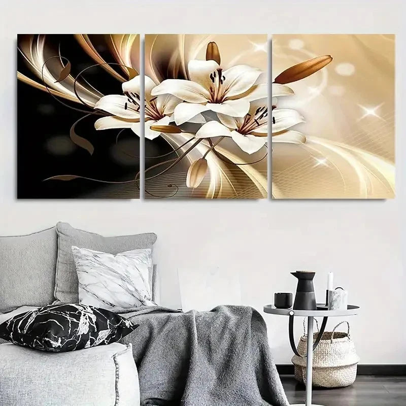3pcs Golden Accents and Flowing Design Metal Print Ready to Hang Art - Bella Home Decor