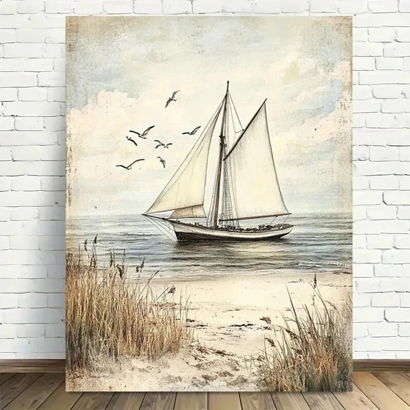 Beautiful Beachside Serenity Coastal Sailboat Painting 40x60cm Metal Print Ready to Hang - Bella Home Decor