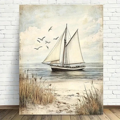 Beautiful Beachside Serenity Coastal Sailboat Painting 40x60cm Metal Print Ready to Hang - Bella Home Decor
