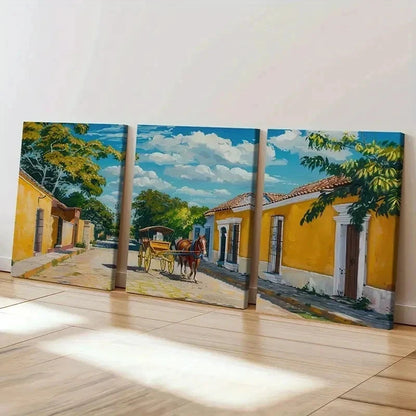 3pcs Horse Drawn Carriage Yellow Buildings Wall Art Set Canvas Framed 50x70cm - High Quality Print 100% Australian Made Wall Canvas Ready to Hang