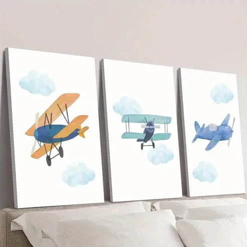3pcs Blue & Green Cartoon Plane Wall Art Canvas Unframed - High Quality Print 100% Australian Made Wall Canvas